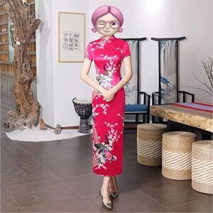Chic Floral Maxi Dress (qipao)- Red